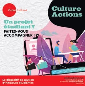image Culture-actionS avec l'illustration de 4 étudiants qui discutent autour d'un projet. Le titre de l'image indique "Un projet étudiant ? Faites-vous accompagner !"