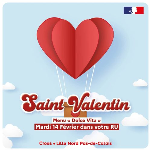 l'image représente une montgolfière avec un coeur sur la nacelle. Le ballon de la montgolfière est un origami rose foncé en forme de coeur. Le texte indique "menu dolce vita" et "mardi 14 février dans votre RU