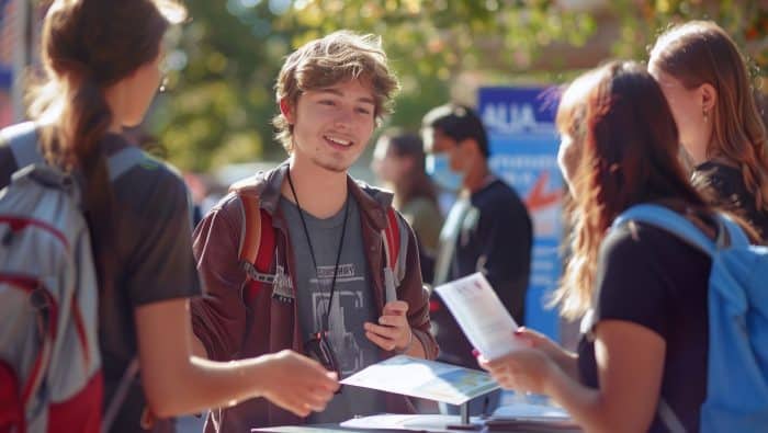 Etudiants en train de discuter lors d'un forum d'information